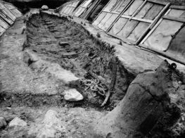 Photo from excavation of the Ladby grave. The cleaned-up imprint of the ship. Photo: Nationalmuseet.