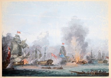 Dannebroge eksploderer under Slaget på reden 2. april 1801. Nu har marinarkæologer fundet vraget af det store krigsskib. Maleri: Slaget på Reden af Gustaf Boberg fra 1801. Dannebrog eksploderer. Public Domain. SMK. Dannebroge eksploderer under Slaget på reden 2. april 1801. Nu har marinarkæologer fundet vraget af det store krigsskib. Maleri: Slaget på Reden af Gustaf Boberg fra 1801. Dannebrog eksploderer. Public Domain. SMK.