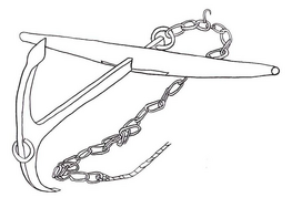 Drawing of the Ladby anchor, as it would have looked with its chain and wooden stock. Illustration: Søren Nielsen